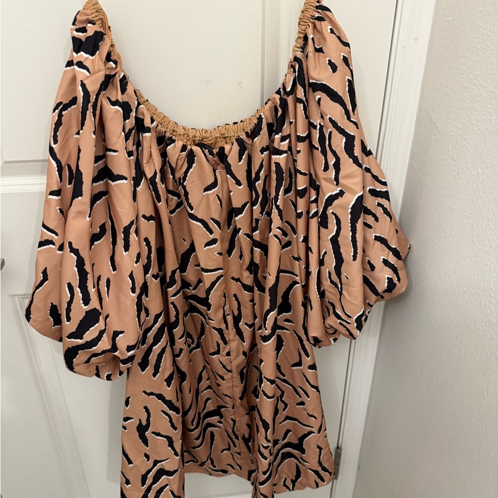 Tan and Black Off the Shoulder Animal Print Mini Dress Medium